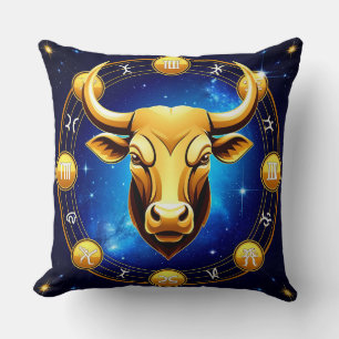 Coussin Taureau doré dans un cercle du zodiaque cosmique