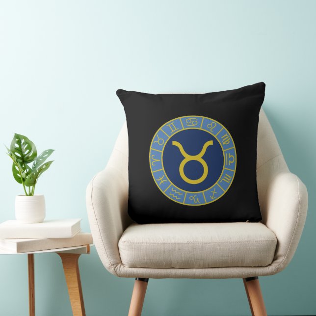 Coussin Taurus Zodiac Roue+Symboles d'astrologie Or+Blues (Chaise)