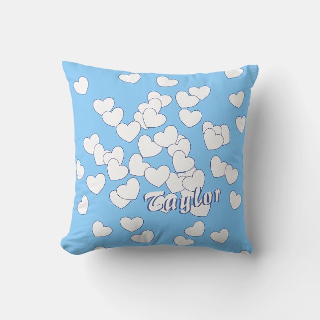 Coussin Taylor Nom Modèle Bleu Bleu Bleu Coeurs Blancs Enf (Recto)