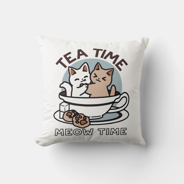 Coussin Tea Time Meow Time - Cute Cat and Tea Design (Recto)