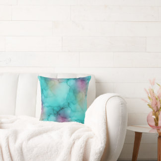 Coussin Teal Aqua Violet Art Fluid Marbré Aquarelle