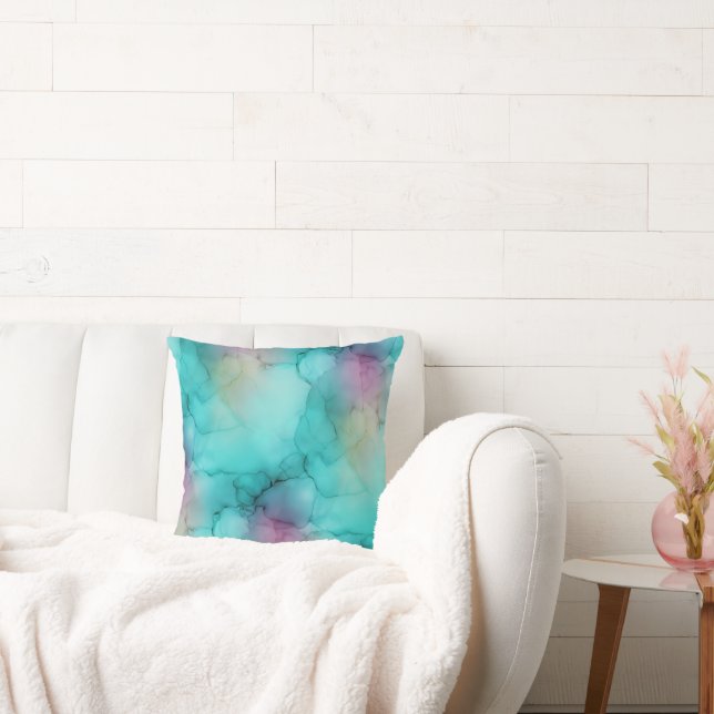 Coussin Teal Aqua Violet Art Fluid Marbré Aquarelle (Canapé)