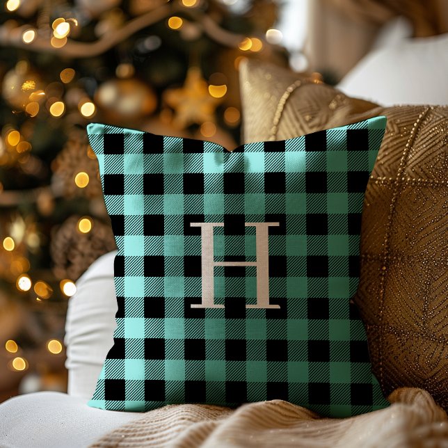 Coussin Teal Black Buffalo Plaid Monogram Holiday (Créateur téléchargé)