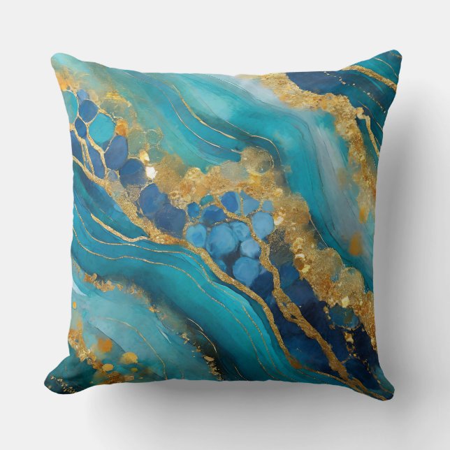 Coussin Teal bleu doré élégant faux marbré (Recto)