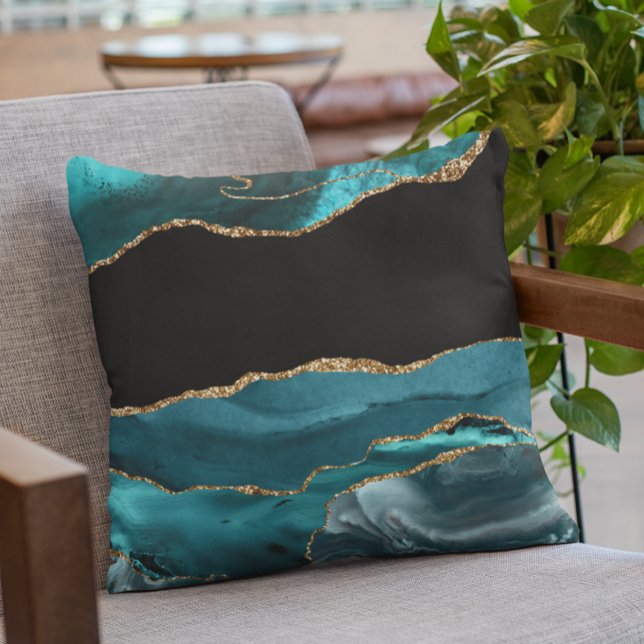 Coussin Teal Blue Agate Stone Black Gold Foil look (Créateur téléchargé)