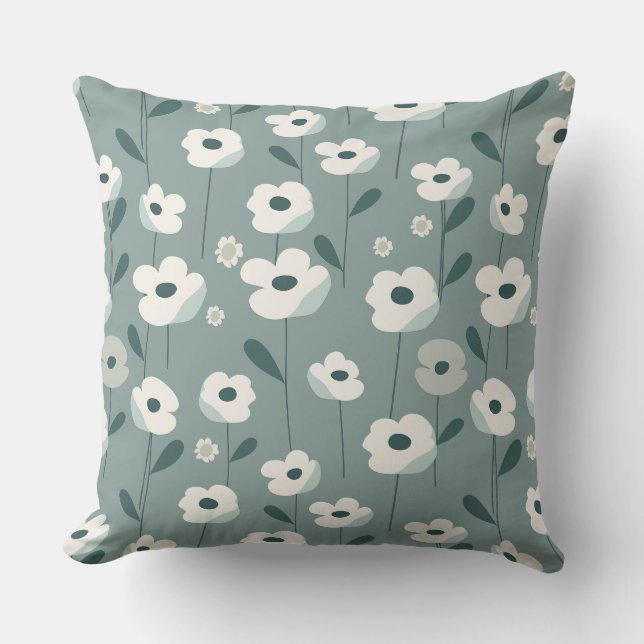 Coussin Teal Green and White Floral Throw Pillow (Recto)