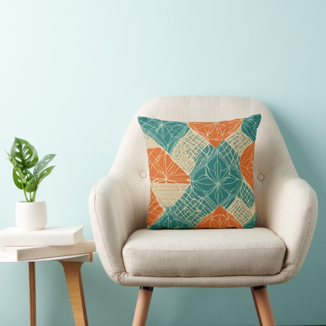 Coussin Teal, Orange, and Tan Abstract Flowers (Chaise)