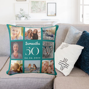 Coussin Teal personnalisé collage photo anniversaire