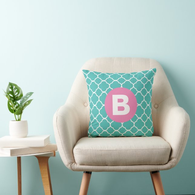 Coussin Teal Quatrefoil Pattern Custom Pink Monogram (Chaise)