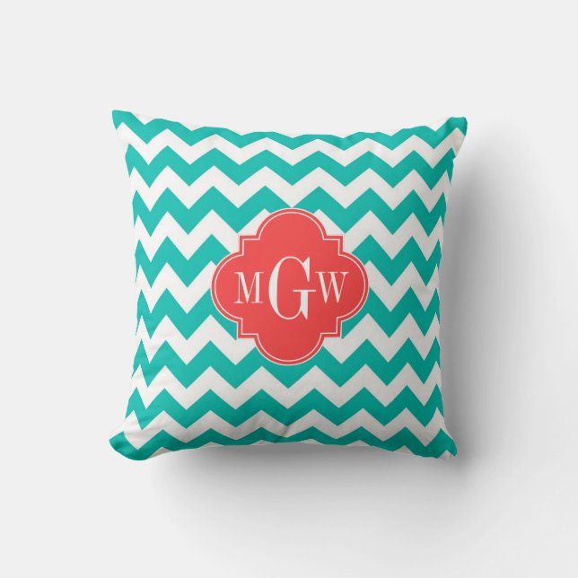 Coussin Teal White Chevron Coral Quatrefoil 3 monogram (Recto)