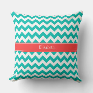 Coussin Teal White Chevron ZigZag Coral Name Monogram