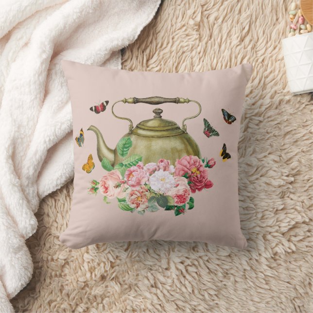 Coussin Teapot Party rose Floral & Papillons Kettle (Couverture)
