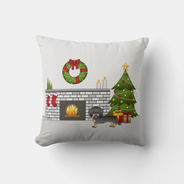 Coussin Teckel à poil dur noir et feu - Salle de Noël (Recto)