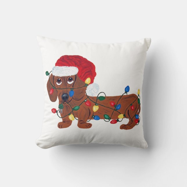 Coussin Teckel embrouillé dans des lumières de Noël (Recto)