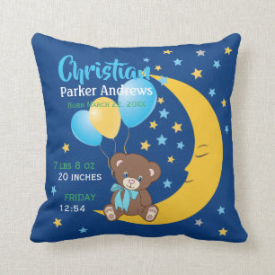 Coussin Teddy Bear assis sur la Lune Baby Birth Statistiqu