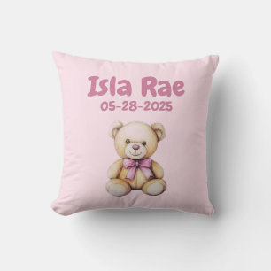 Coussin Teddy Bear Baby Girl Nom et DOB personnalisés