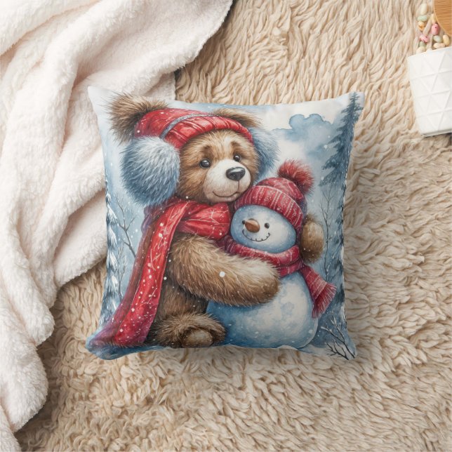 Coussin Teddy Bear frappe un Snowman (Couverture)