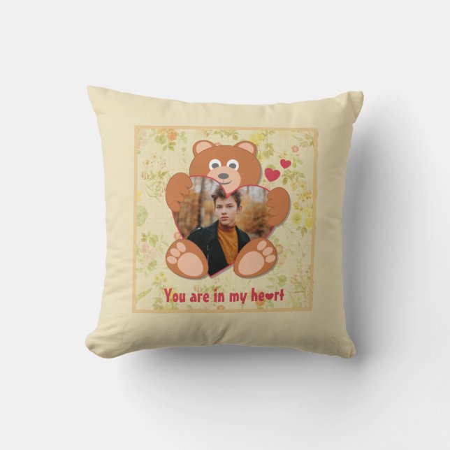 Coussin Teddy Bear Holding Heart Photo Saint-Valentin (Recto)