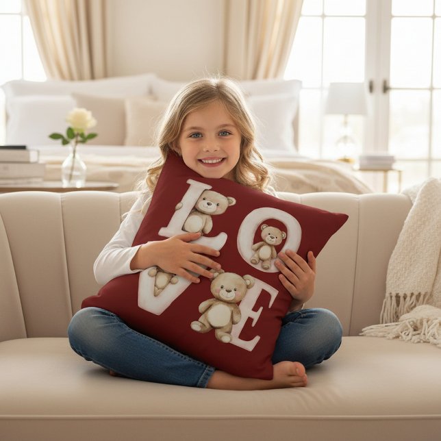 Coussin Teddy Bear "LOVE" Watercolor Valentine Design (Créateur téléchargé)