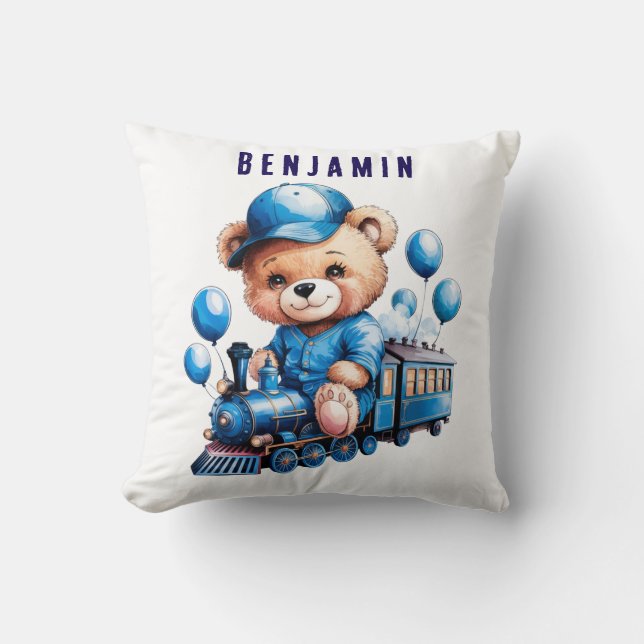 Coussin Teddy Bear On a Blue Train Boy Baby shower Don (Recto)