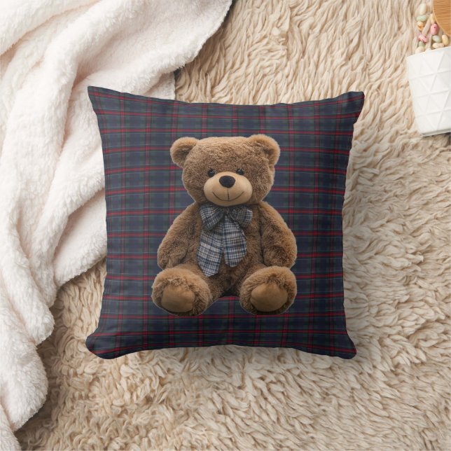 Coussin Teddy Bear Tartan Monogram Birth Stats Newborn Boy (Couverture)