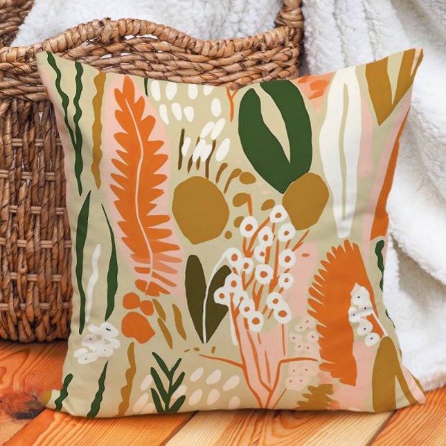 Coussin Teintes de Terre Vert Olive Terre Cuite Orange Abs (Brown, orange, and green abstract decorator pillow)