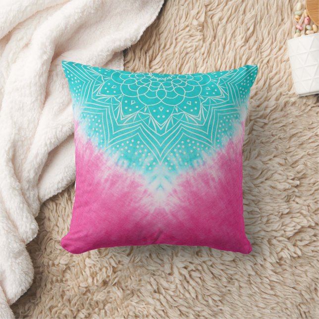 Coussin Teinture à carreaux rose et bleu avec Mandala Sway (Couverture)