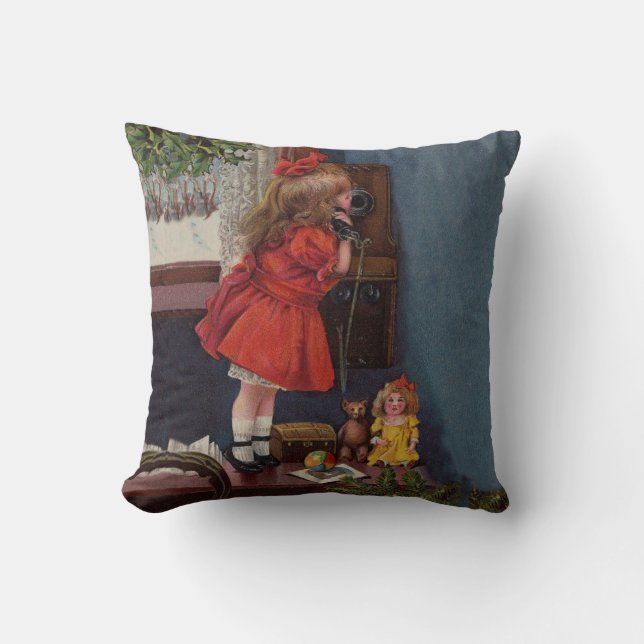 Coussin Téléphone Antique de Petite Fille de Noël (Recto)