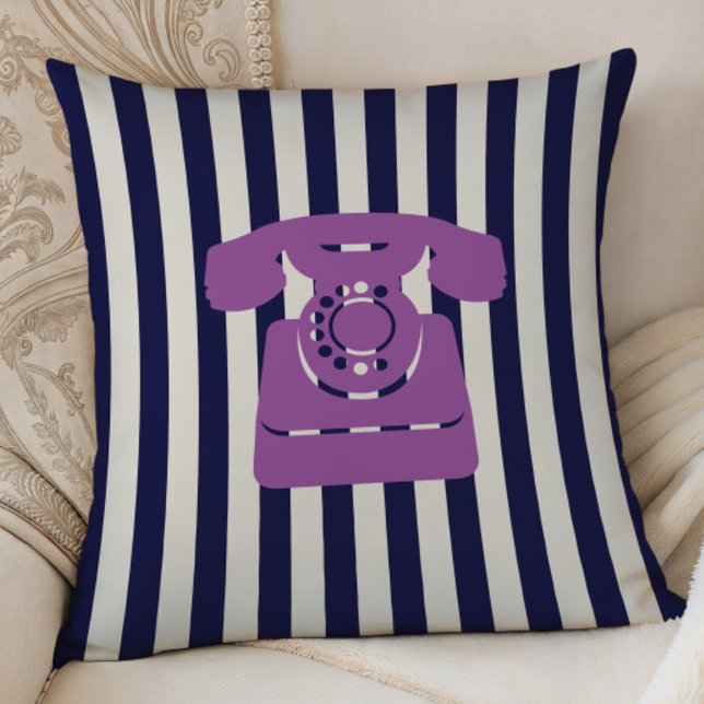 Coussin Téléphone vintage sur rayures bleu minuit (Créateur téléchargé)