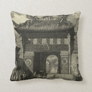 Coussin Temple impérial asiatique dans noir et le blanc