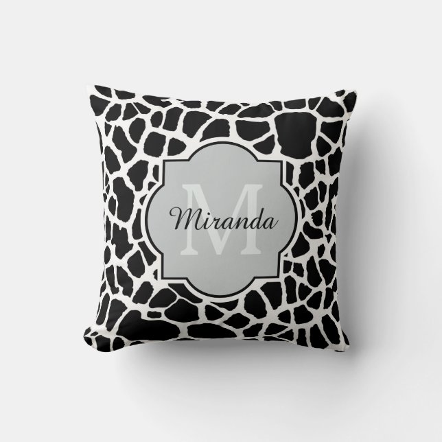Coussin Tendance Black White Giraffe Imprimer Nom Monogram (Recto)