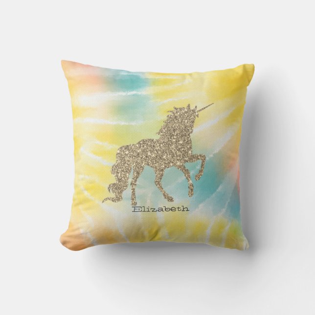 Coussin Tendance Parties scintillant argent Unicorn Tie Dy (Recto)