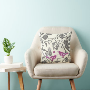 Coussin Tendance Violet et Gris Fleuris Oiseaux Vintage Ra