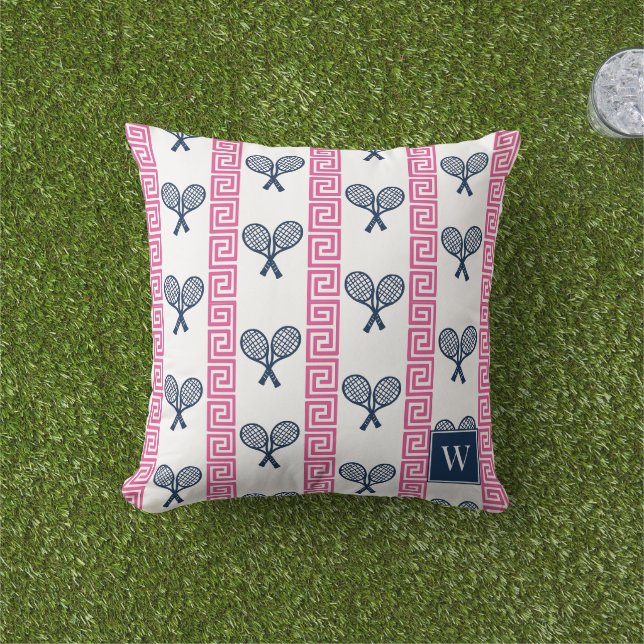 Coussin Tennis Rayure Clé Grecque - Monogramme Navy & Rose (Herbe)