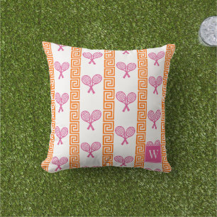 Coussin Tennis Rayure Clé Grecque Monogramme Orange et Ros
