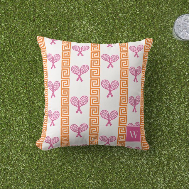 Coussin Tennis Rayure Clé Grecque Monogramme Orange et Ros (Herbe)