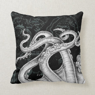Coussin Tentacles de poulpe Carte Vintage Noir