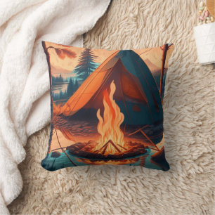 Coussin Tente et feu de camp couleurs vintage Art