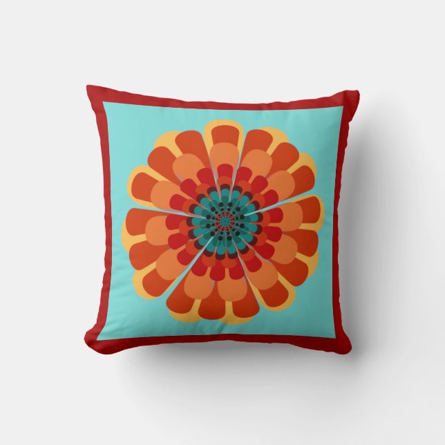 Coussin Terracotta et Fleur Turquoise avec bordure rouge o (Recto)