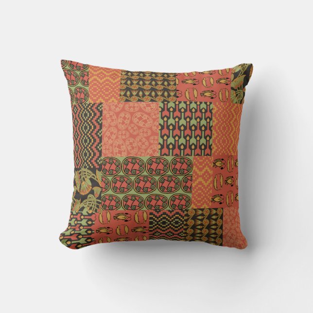 Coussin Terracotta, Faux Patchwork Tribal Égyptien Noir (Recto)