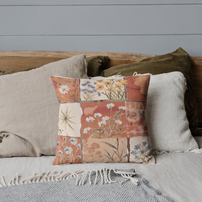 Coussin Terracotta Fleur Sauvage Bohème Patchwork Rustique (Créateur téléchargé)