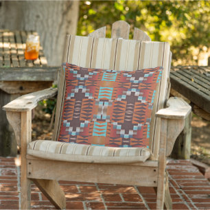 Coussin Terracotta Orange Brown Aqua Turquoise Art Tribal