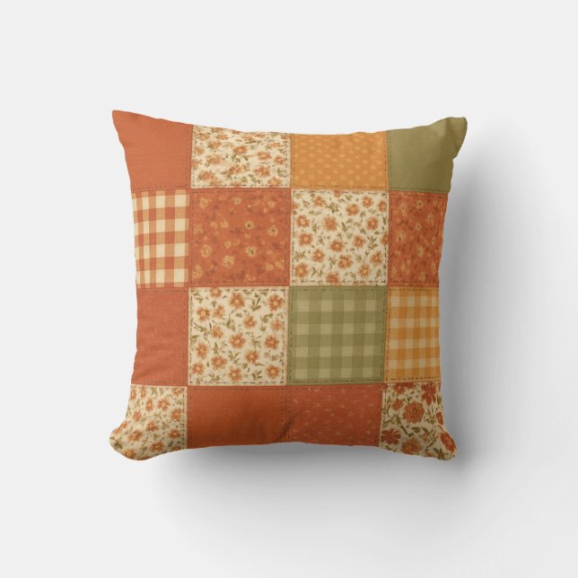 Coussin Terracotta Patchwork Quilt Rustic Farmhouse Floral (Recto)