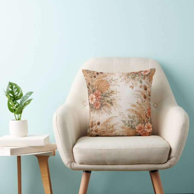 Coussin Terracotta Peach Boho Pampas Floral (Chaise)