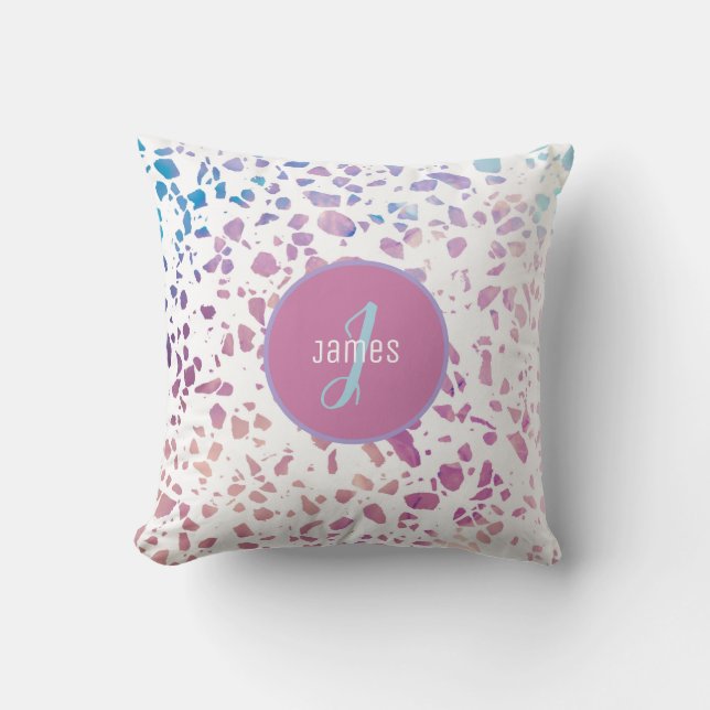 Coussin Terrazzo Abstrait customisé rose et Motif bleu (Recto)