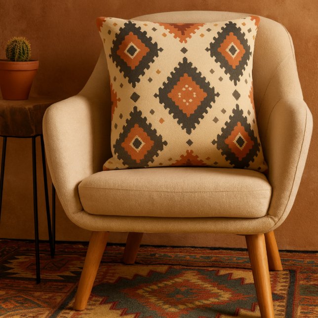 Coussin Terre cuite du Sud-Ouest et diamant de charbon (southwestern diamond pattern throw pillow)