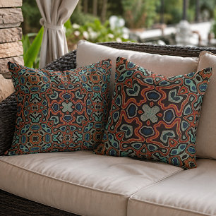 Coussin Terre cuite Rouge Brun Bleu Turquoise Art tribal