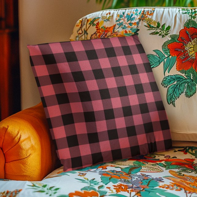 Coussin Terre cuite rouge et noir chevron Buffalo carreau (Terra Cotta Red and Black Chevron Buffalo Plaid Throw Pillow)