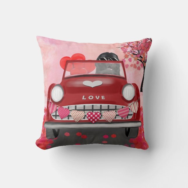 Coussin Terre-Neuve dans une voiture avec des coeurs (Recto)