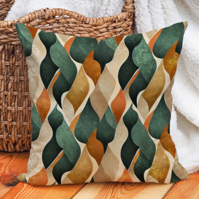 Coussin Terres Tonales Abstraites Vert Orange Brûlé Marron (Emerald Green, burnt orange, and tan abstract decorator pillow)